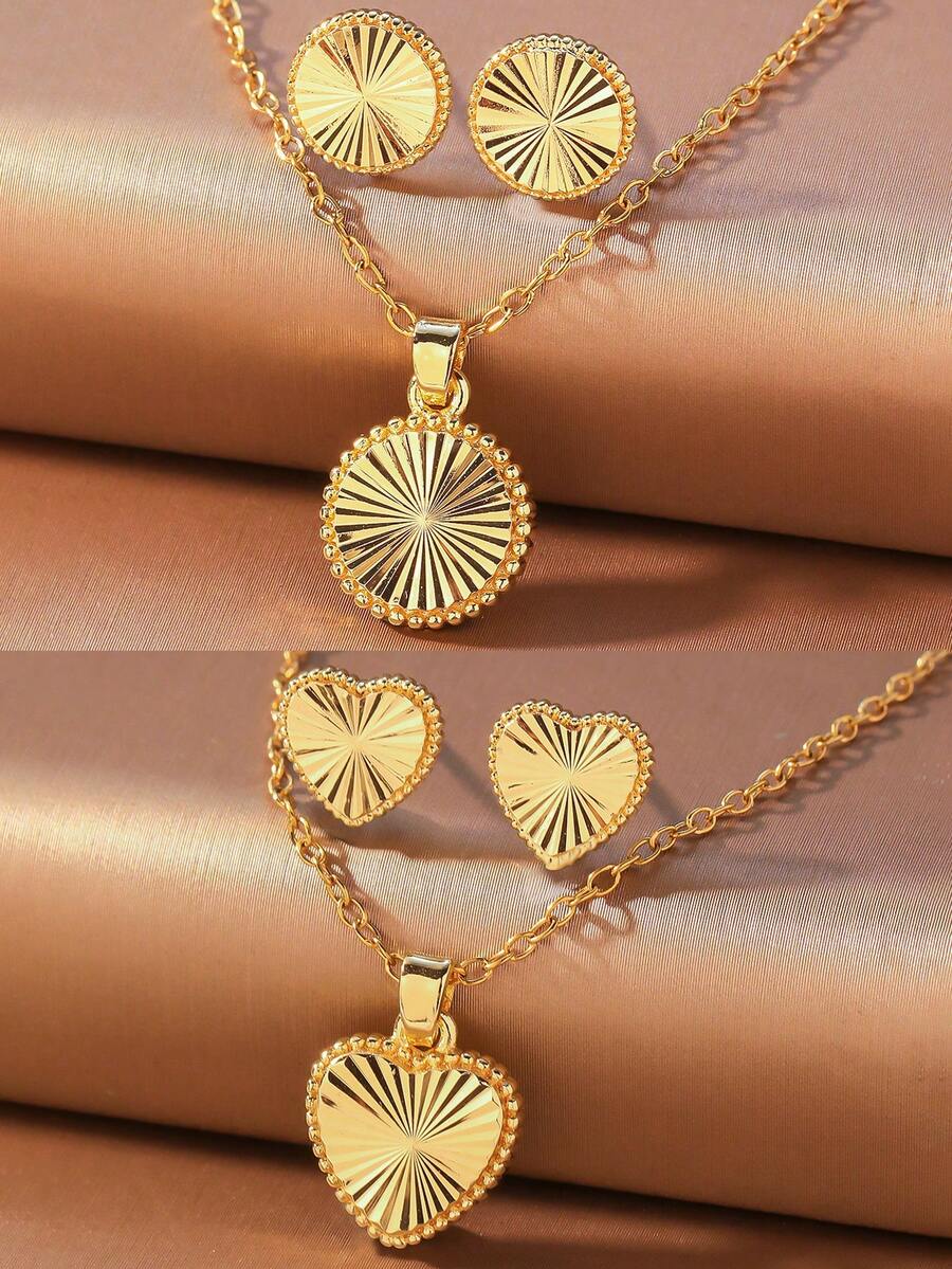 3pcs Minimalist Heart & Circle Pendant Necklace And Earrings Jewelry Set, Elegant Vintage Design, Suitable For Daily, Festivals, Formal Wear, Great Gift For Girlfriend Or Mother