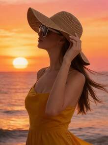 1件女款草編遮陽帽，寬邊沙灘帽，適合春/夏，防曬度假波希米亞風 - 卡其色 - 查看 4