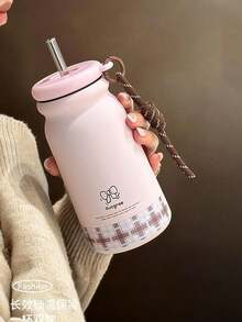 1pc New Stylish Insulated Water Bottle, Stainless Steel Straw Cup, Portable & Cute Water Bottle - Multicolor - View 6