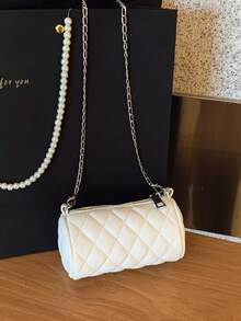 1pc Girls' PU Rhombus Embroidery Crossbody Bag, Fashion Versatile Mini Cylinder Bag, Luxury Niche Shoulder Bag, Zipper Closure, Suitable For Outing, Daily Outfit, Party, Travel, Birthday & Holiday Gift - A - View 5