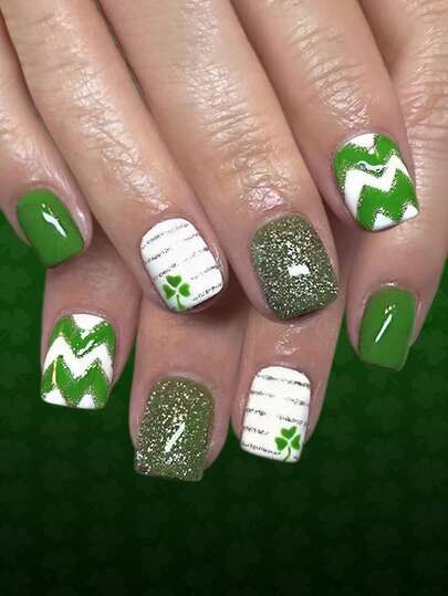 24pcs Short Glossy Square Nail Tips, Multicolor Striped Clover Glitter Design, Suitable For St. Patrick's Day, European Style