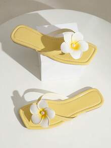 女士圆头平底毛绒舒适一脚蹬沙滩凉鞋，适合度假穿着 - 黃色 - 查看 2