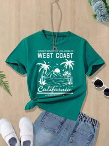 Tween Girls rund halsad kortärmad avslappnad mångsidig landskapsgrafik-t-shirt, sommarlov - Grön - Visa 1
