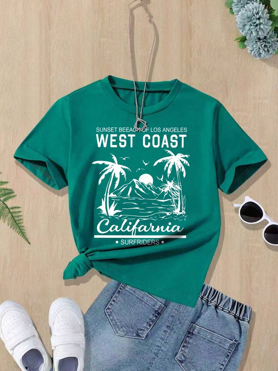 Tween Girls rund halsad kortärmad avslappnad mångsidig landskapsgrafik-t-shirt, sommarlov - Grön - Visa 1