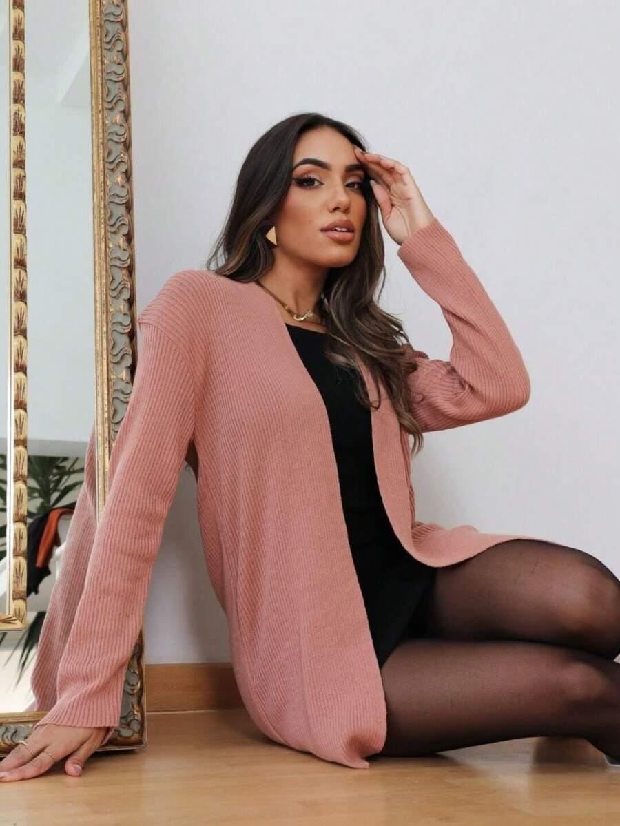 Sarah Ribbed Knit Cardigan Long Sleeve Jacket - Rusty Rose - View 1