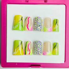 Sellora 10 PCS Handmade Acrylic Duckbill Press-On Nails | Fluorescent Color-Block Art Nails With Full Rhinestones For Dazzling Personalized Looks - 彩色 - 查看 2