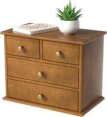 Oak Desk Organizer With Drawers, Durable Wooden Desktop Storage Box With Metal Handles & Non-Slip Silicone Pads, 4 Drawer Tabletop Organizer Office, Bedroom, Bathroom, Vanity, And Makeup – Walnut - Walnut - View 4