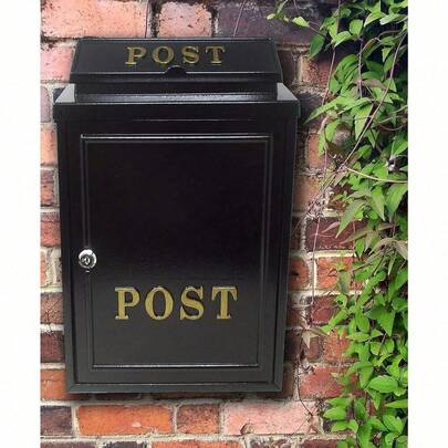 Vintage Decor  Weatherproof Post Box Plain Design Personalisable-Lockable Heavy Duty Secure Wall Mounted Letter Mail Post Box Post For Walls/Gates/Garages.Charming, (Black With Gold Post Sign)