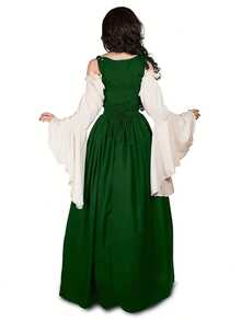 2026 Oversized Role-Playing Dress, Suitable For Costume Parties And Halloween, Flared Long Sleeves, Lace Up Corset, Medieval Women's Retro Gothic Dress, Ideal Gift For Fashion Enthusiasts, A-Line Silhouette  Knot  Lace Up  Contrast Lace    Wedding  Beach - Màu xanh lá cây đậm - Xem 2