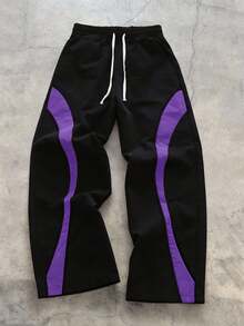 Men's All-Season Quick-Dry Sports Pants With Purple Curved Panel And Drawstring Pockets, Comfortable Loose Fit, Suitable For Running, Fitness, Casual Daily Wear And Outdoor Activities - Black - View 2