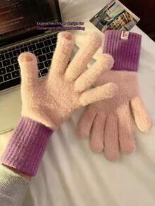 1 par de guantes de mujer de invierno acolchados de terciopelo con parches, guantes casuales de punto para pantalla táctil de estilo coreano para hombres, adecuados para actividades diarias, deportes, montar en bicicleta, fiestas, correr, pasear perros, festivales, se pueden regalar en el Día de San Valentín, temporada de regreso a clases - Multicolor - Ver 4