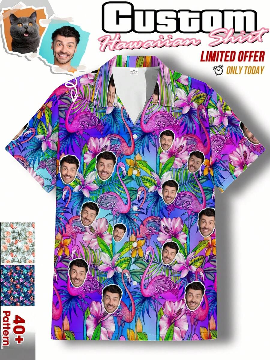 Custom Personalized Face Print Hawaiian Front Button Short Sleeve Shirt For Men, Summer Vacation - Multicolor - View 1