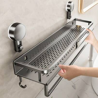 1个防锈壁挂式淋浴置物架，带吸盘 - 重型悬浮式淋浴收纳架，带毛巾杆，节省空间的浴室储物架，可放置洗发水、肥皂和浴室配件