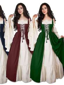 2026 Oversized Role-Playing Dress, Suitable For Costume Parties And Halloween, Flared Long Sleeves, Lace Up Corset, Medieval Women's Retro Gothic Dress, Ideal Gift For Fashion Enthusiasts, A-Line Silhouette  Knot  Lace Up  Contrast Lace    Wedding  Beach - Màu xanh lá cây đậm - Xem 5