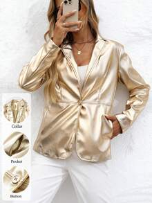 女士仿皮西装外套，长袖衬衫式翻领纽扣外套 - 燙金色 - 查看 2