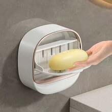 1个壁挂式浴室皂碟，翻盖皂盒带沥水盘，塑料材质，无需钻孔，自排水设计，适合浴室皂盒收纳 - 彩色 - 查看 2