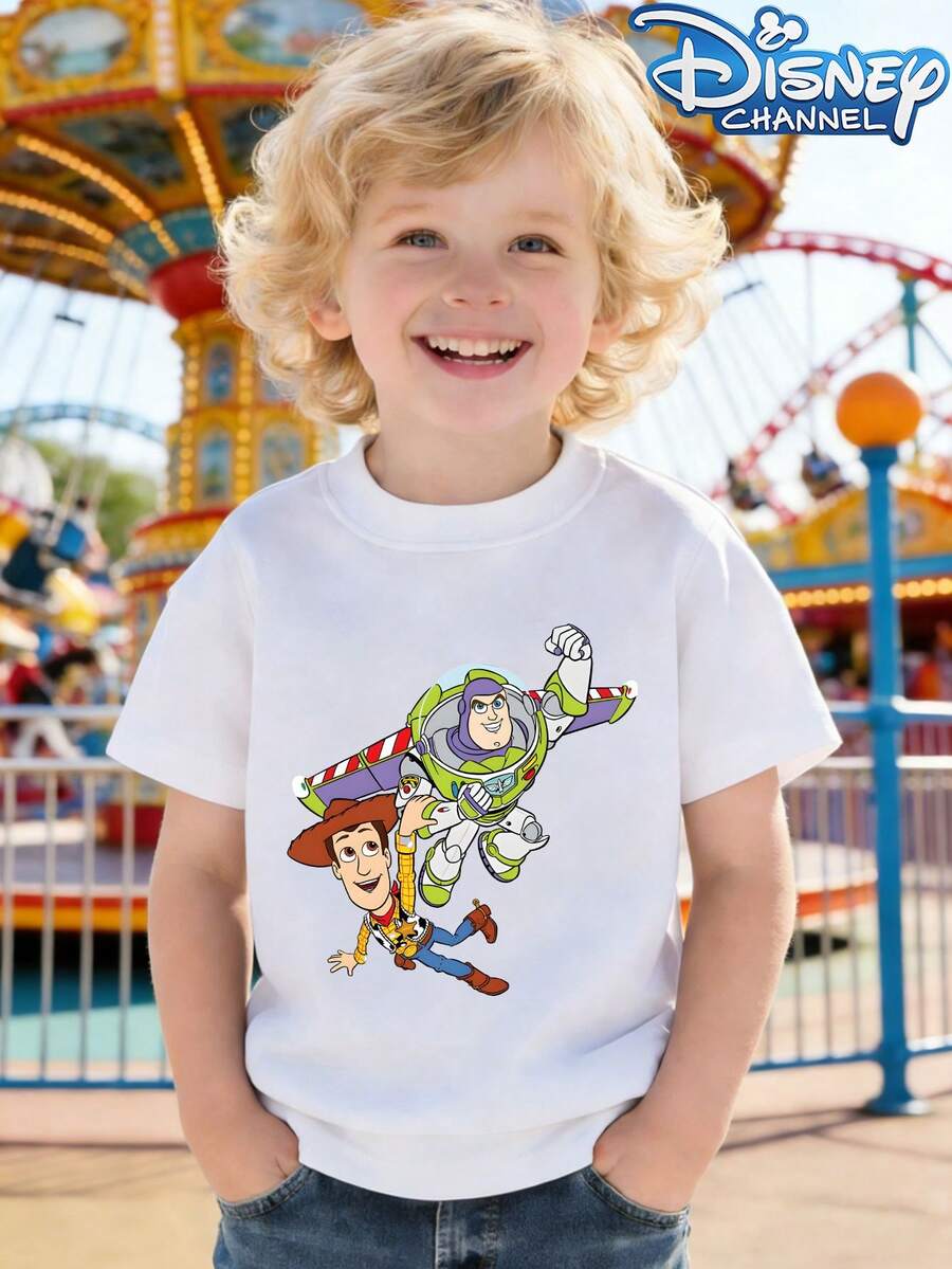 Disney 'Toy Story' Judy And Buzz Lightyear Patterned Crew Neck Summer T-Shirt, Suitable For Boys And Girls To Wear For Holiday Parties, Dinners, Outdoor Play, Traveling, And As A Gift For Children Visiting Disneyland. - Blanc - Voir 1