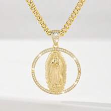 1pc Classic European & American Style Copper Inlaid Zirconia Bling Guadalupe Virgin Mary Pendant Necklace, Limited Edition, Suitable As Christmas/Thanksgiving/Halloween/Mother's Day/Valentine's Day Gift For Couples, Friends, Godparents, Catholic First Communion, Everyday & Holiday Wear - Yellow Gold - View 8