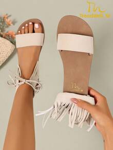 女士时尚度假风平底凉鞋，适合旅行、聚会、海滩，绿色女士平底拖鞋，米色女士平底凉鞋 - 米色 - 查看 12