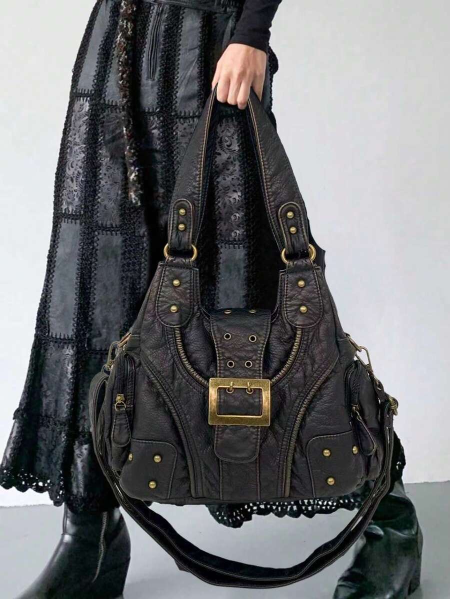 女士时尚街头朋克复古单肩包，大容量Y2K辣妹机车手提包，纯素皮革城市通勤包，可拆卸肩带斜挎包，适合日常使用和聚会，是完美的节日礼物 - 黑色 - 查看 1