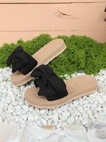 1双女士黑色蝴蝶结装饰布艺平底拖鞋，高弹透气减震防滑耐磨圆头简约时尚沙滩风泡沫拖鞋，适合3-15岁女孩日常、居家、旅行、派对穿着，2026春夏新款泡沫拖鞋 - 黑色 - 查看 4