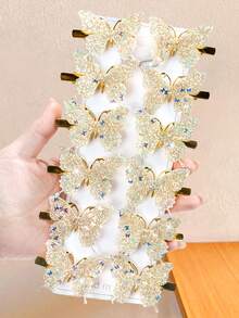 12个/套水钻渐变蝴蝶发夹，绚丽的渐变色搭配闪亮亮片，在灯光下熠熠生辉。金色夹子设计，精致小巧——适合女孩和女士佩戴，日常必备，无论休闲还是派对，都能让你成为焦点。发饰，头饰，发夹 - 彩色 - 查看 6