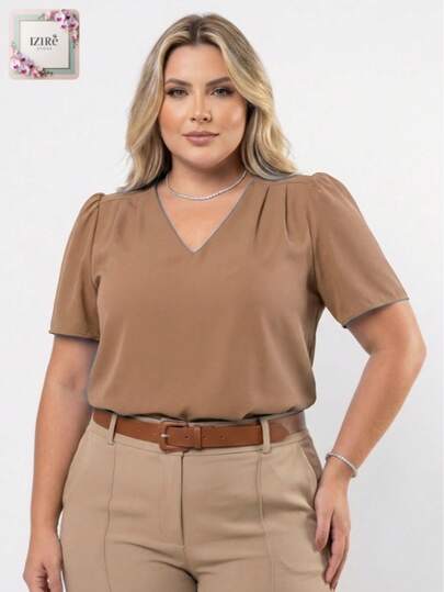 Blusa Feminina Social Plus Size Elegante Manga Curta Moderna Tecido Duna GG G1 G2 G3 Verão Trabalho