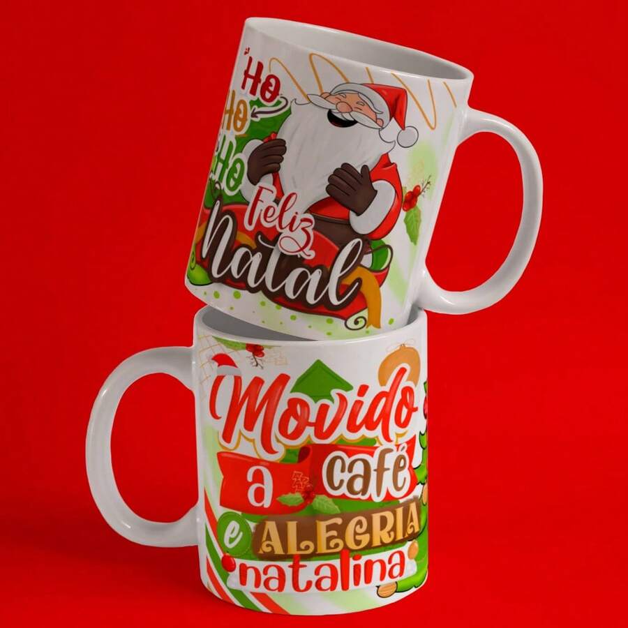 Caneca de Porcelana 325ml Personalizada Natal Movido a Café + Nome - Multicolorido - Visão 1