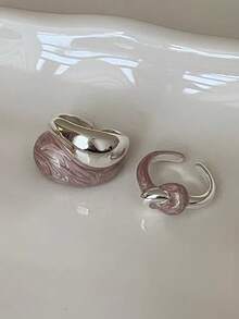 2pcs Minimalist & Elegant French Style Geometric Purple Enamel Drip Oil Design Unique Luxury Rings Set, Versatile For Daily, Vacation, Party Wear - Silver + Purple - View 8