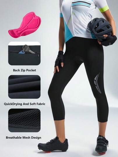 Women's High Waist 4D Padded Cycling Shorts, 3/4 Length Tight Fit Running Shorts With Zipper Pockets