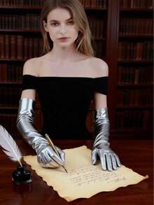 1對性感漆皮龐克風Cosplay手臂套，適用派對、舞會、萬聖節 - 銀色 - 查看 5