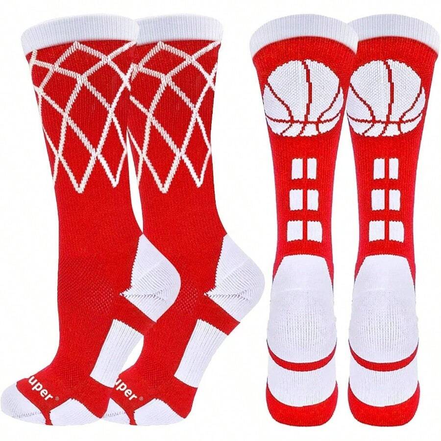 Basketball Socks With Basketball Net 2 Pairs Athletic Crew Socks Men, Women - Small + Red White Net/Basketball - View 1