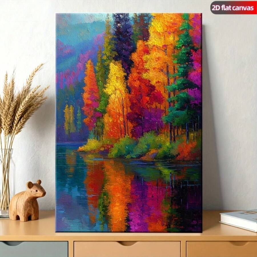2D Flat, 2DFlat[2D Flat] 1pc Vintage Style Wooden Framed Wall Art- Colorful Forest River Landscape With Trees, Rustic Bohemian Contemporary Canvas Print In Warm Autumn Hues, Wrap-Around Frame Living Room, Bedroom, Office Decor- Indoor Nature - Framed - View 1