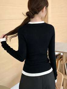 Contrast Color Round Neck 2 In 1 Knit Sweater, Slim Fit Layering Top For Women, Spring - Black - View 7