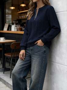 New Women's Half-Zip Sweatshirt, Featuring Retro Cable Knit, Half Zip, Puff Sleeves, Knit Sweatshirt Design, Structured Fit, Flattering Silhouette, Understated Luxury, Lightweight Comfort, And Versatile Solid Color. - Màu xanh hải quân - Xem 3