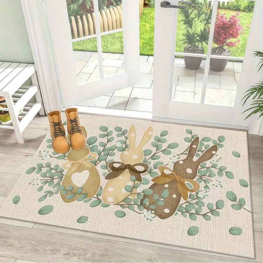 1pc Cute Rabbit & Green Leaf Pattern, Warm Pastoral Style, Beige Accents, Lovely Home Decor Carpet, Suitable For Living Room, Bedroom, Outdoor - Exquisite Home Decoration, Suitable As Living Room Rug, Doormat - Multicolor - View 1