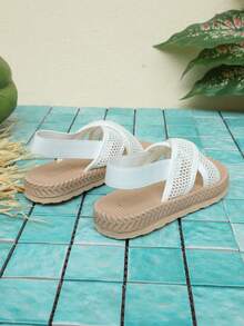 1双女士白色网眼装饰面料高弹透气减震防滑耐磨圆头简约时尚沙滩风套脚泡沫平底凉鞋，适合3-15岁女孩日常、居家、旅行、派对穿着，2026春夏新款泡沫凉鞋 - 白色 - 查看 5