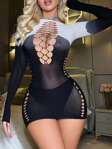 Women's Sexy Lingerie Fishnet Bodystocking Lace Halter Crotchless Jumpsuit Bikini Cover Up - Gradient White - View 2