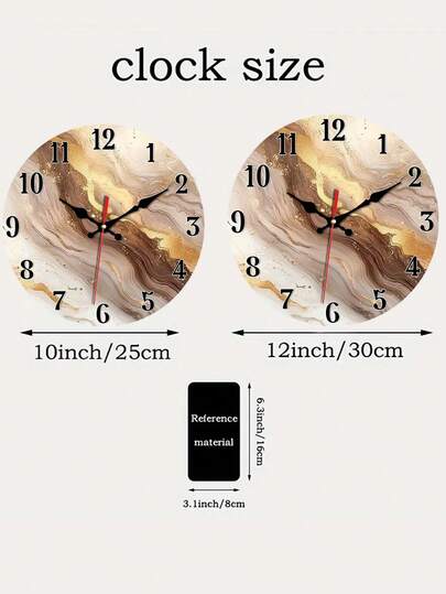 优雅金棕色漩涡纹木质挂钟 - 静音圆形模拟显示，适用于客厅、厨房、办公室 - 10英寸、12英寸两种尺寸可选 - 需使用AA电池（不含电池），墙面装饰钟