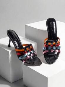 2026 Summer New Women's 9cm Pointed Toe Stilettos, Glossy Black With Colorful Transparent Strap Patchwork, Casual Rhinestone Party & Evening Wear High Heels - Black - View 5