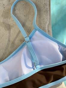 女士比基尼泳装，棕色和蓝色沙滩套装泳衣运动露脐上衣吊带背心坦克尼撞色时尚套装/外出装/生日装/休闲装/Y2K/2000年代/千禧年装/优雅装/老钱风/街头风/度假装/音乐节沙滩装夏季 - 棕色 - 查看 10