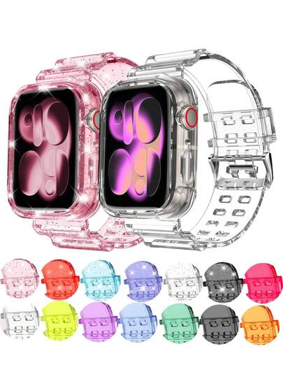 Glitter Bling Jelly Clear Band Case Kompatibelt med -armband med bumperfodral 49 mm 46 mm 45 mm 44 mm 42 mm 41 mm 40 mm 38 mm, hårt kristallklart sportarmband kompatibelt med SE Ultra 3 2-serien 11 10 9 8 7 6 5 4 3 2 1 För pojke/flicka ihålig klocka ingår ej