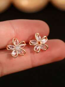 3pcs/Set Elegant Five-Flower Design Cubic Zirconia Necklace Earring Sets Girls/Teenagers Charm Jewelry Friendship Gift For Daily Wear And Festivals - Gold - View 2