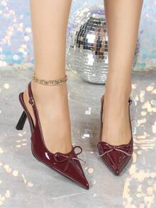 7厘米酒红色高跟鞋，尖头露跟派对高跟鞋，婚礼正装鞋 - 酒紅色 - 查看 2