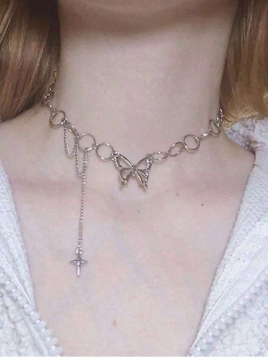 Collar con colgante de mariposa - plata - Ver 1