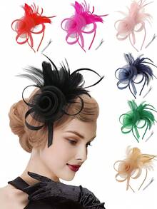 1 Peça Chapéu Fascinator Vintage Feminino dos Anos 20, 30 e 50, Headpiece com Véu Floral para Casamento, Chá da Tarde - Multicolorido - Visão 1