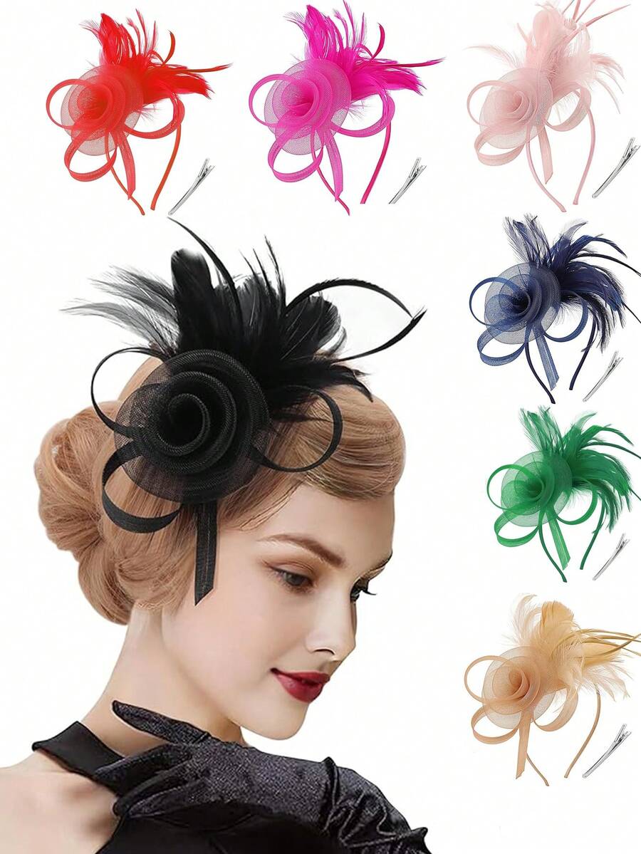 1 Peça Chapéu Fascinator Vintage Feminino dos Anos 20, 30 e 50, Headpiece com Véu Floral para Casamento, Chá da Tarde - Multicolorido - Visão 1