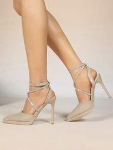 Women's Pointed Toe High Heel Shoes, Thin Heel, Crystal Strap, Elegant Lady Shoes, Sexy Sandals, Spring/Summer - Apricot - View 5
