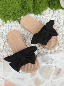 1双女士黑色蝴蝶结装饰布艺平底拖鞋，高弹透气减震防滑耐磨圆头简约时尚沙滩风泡沫拖鞋，适合3-15岁女孩日常、居家、旅行、派对穿着，2026春夏新款泡沫拖鞋 - 黑色 - 查看 5