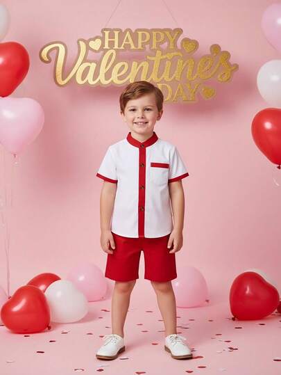 BOARNSEORL 2pcs Young Boys Casual Set, White Short Sleeve Top And Red Shorts, Fashionable Suitable For Birthday, Family Gathering, Party, First Birthday, Outdoor Travel